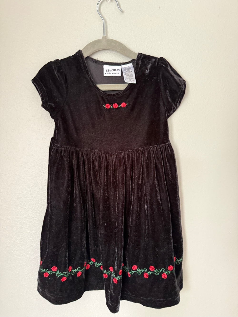 Vintage Blueberi Boulevard Black Velvet Dress with Red Rose Embroidery